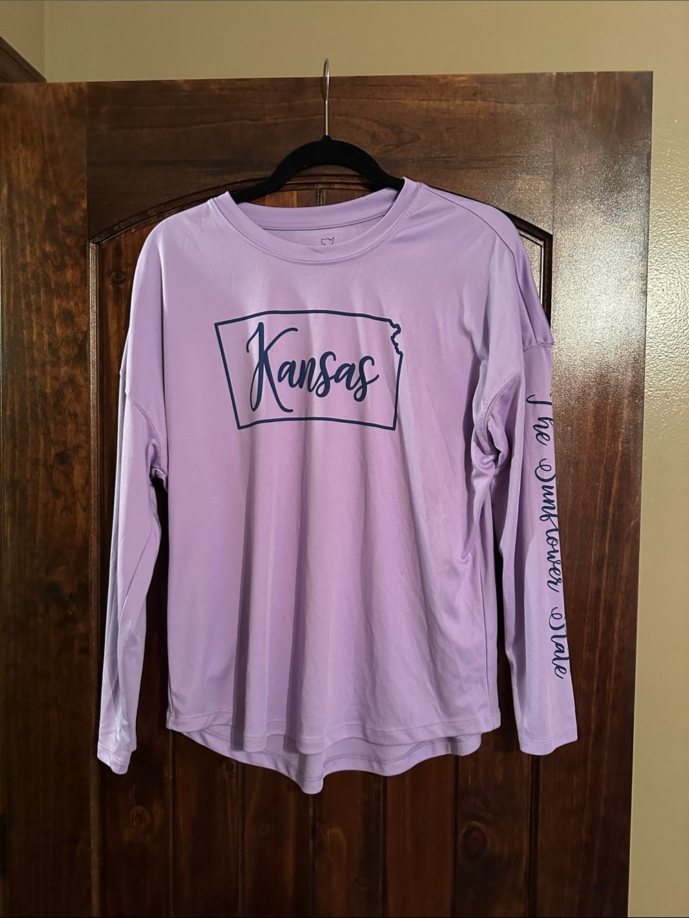 State of Mind Lavender Crew Neck Tee with Navy Print